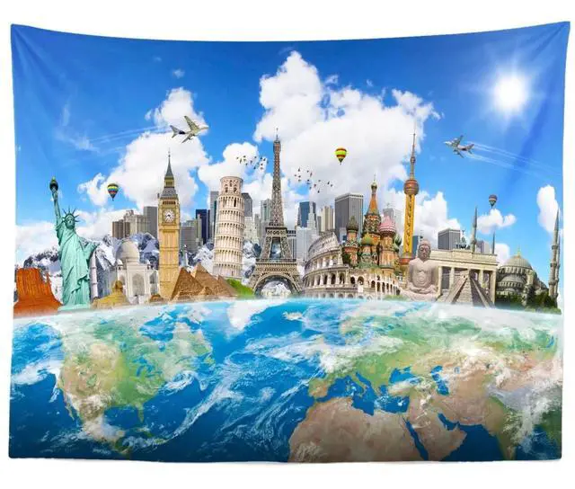 Alt view image 3 of 6 - 20x10ft Fabric Around The World Travel Backdrop Global Travel World Map Photo Background Famous Landmark Earth Backdrop Home Decor Birthday Party Banner Kids Adult Portrait Photoshoot Props