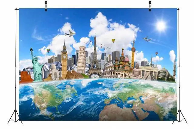 Alt view image 4 of 6 - 20x10ft Fabric Around The World Travel Backdrop Global Travel World Map Photo Background Famous Landmark Earth Backdrop Home Decor Birthday Party Banner Kids Adult Portrait Photoshoot Props