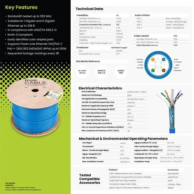 Alt view image 6 of 6 - Cat6 Shielded Riser (CMR) Bulk Ethernet Cable, 500ft, White, 23AWG Solid Bare Copper, 550MHz, Overall Aluminum Foil Shield (F/UTP), PoE++ 100W, ETL Listed