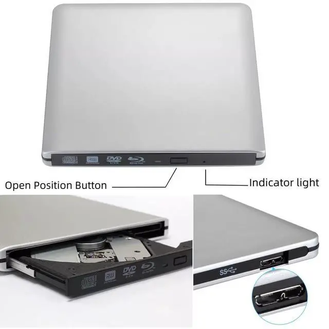 Alt view image 3 of 6 - Aluminum External USB 3.0 and USB C UHD 4K Blu-Ray Writer BD-RE BD Burner Blu-ray DVD CD Super-Muti Drive for PC Laptop iMac and Mac