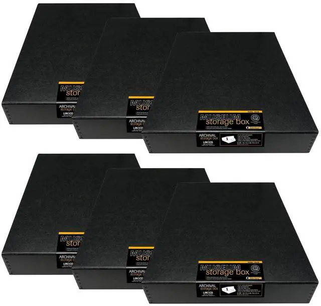 Main image of Museum Archival Storage Box, 16.75x20.75x3 in. Drop Front Design. Acid-Free with Metal Edge. Organize Photos, Pictures, Prints, Documents, Crafts, DIY. Black, 6 Pack