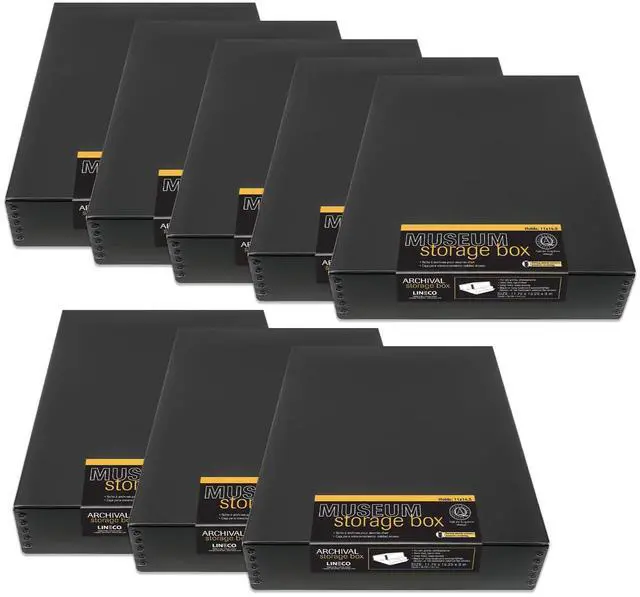 Main image of Museum Archival Storage Box, 11.75x15.25x3 in. Drop Front Design. Acid-Free with Metal Edge. Organize Photos, Pictures, Prints, Documents, Crafts, DIY. Black, 8 Pack