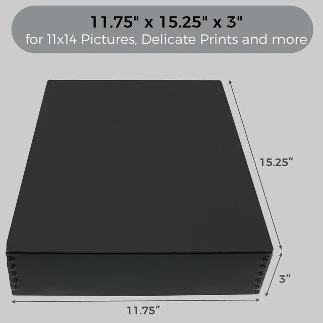 Alt view image 2 of 6 - Museum Archival Storage Box, 11.75x15.25x3 in. Drop Front Design. Acid-Free with Metal Edge. Organize Photos, Pictures, Prints, Documents, Crafts, DIY. Black, 8 Pack