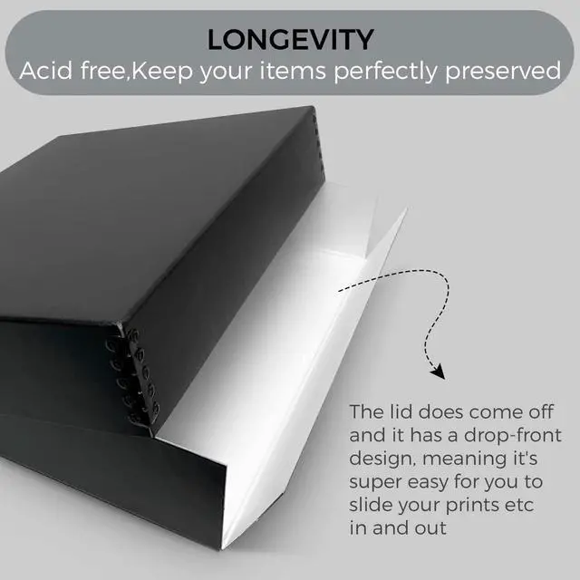Alt view image 3 of 6 - Museum Archival Storage Box, 11.75x15.25x3 in. Drop Front Design. Acid-Free with Metal Edge. Organize Photos, Pictures, Prints, Documents, Crafts, DIY. Black, 8 Pack