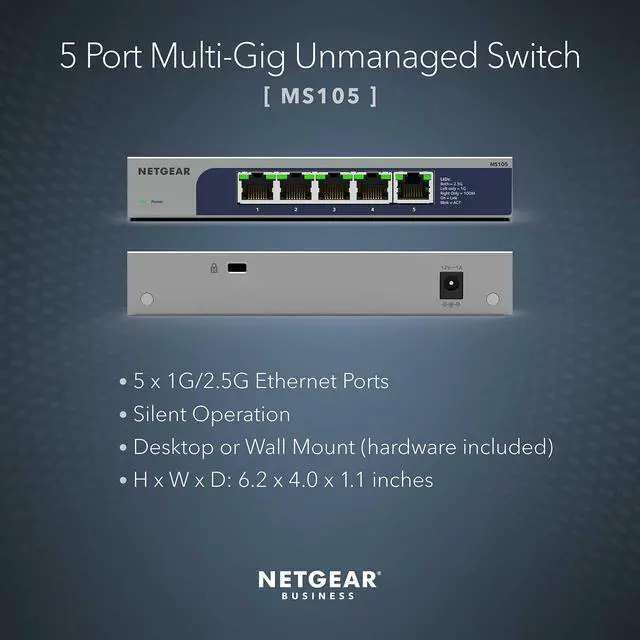 Alt view image 2 of 6 - 5-Port Multi-Gigabit Ethernet Unmanaged Network Switch (MS105) - with 5 x 1G/2.5G, Desktop or Wall Mount