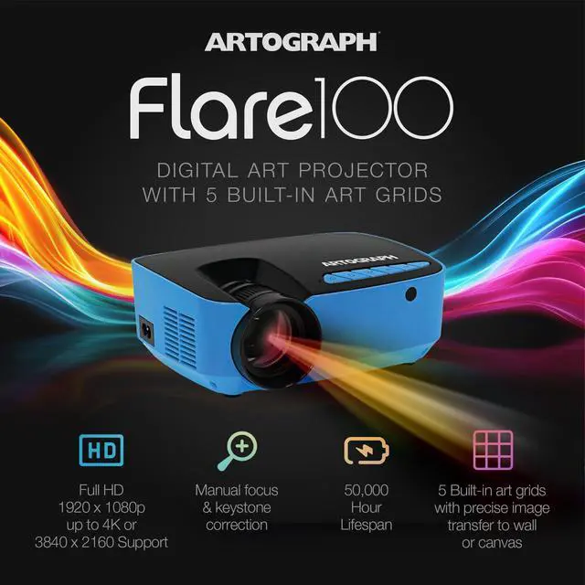 Alt view image 2 of 6 - Flare 100 Digital Art Projector with Adjustable Monopod Stand, Blue/Black 1080p Native Resolution, Built-In Art Grids for Drawing and Tracing, WiFi and HDMI Compatible