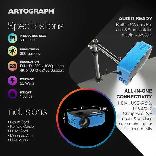 Alt view image 4 of 6 - Flare 100 Digital Art Projector with Adjustable Monopod Stand, Blue/Black 1080p Native Resolution, Built-In Art Grids for Drawing and Tracing, WiFi and HDMI Compatible