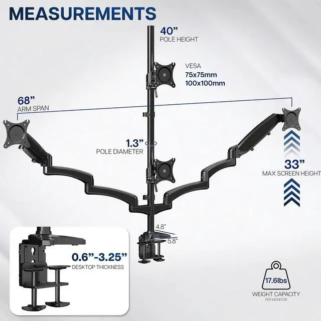 Alt view image 3 of 6 - Quad Pneumatic Monitor Mount for 4 Screens up to 32 inches, Fully Adjustable, Heavy Duty Desk Stand with C-Clamp, Black, STAND-V400G