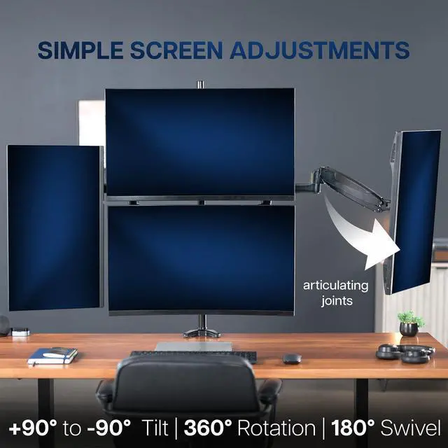 Alt view image 4 of 6 - Quad Pneumatic Monitor Mount for 4 Screens up to 32 inches, Fully Adjustable, Heavy Duty Desk Stand with C-Clamp, Black, STAND-V400G