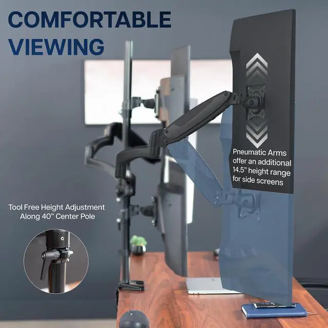 Alt view image 6 of 6 - Quad Pneumatic Monitor Mount for 4 Screens up to 32 inches, Fully Adjustable, Heavy Duty Desk Stand with C-Clamp, Black, STAND-V400G