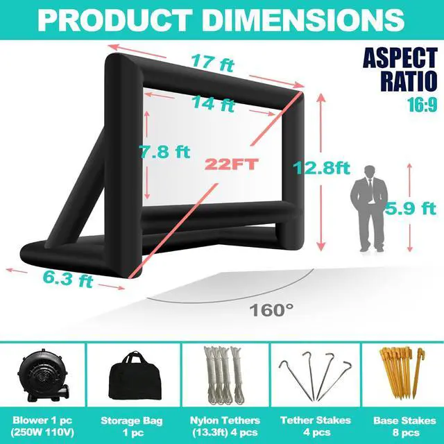 Alt view image 5 of 6 - 22 Feet Inflatable Projector Screen - Outdoor and Indoor Theater Movie Screens,Includes Rope, Blower,Tent Stakes - Great for Party Backyard Pool Watch Movies
