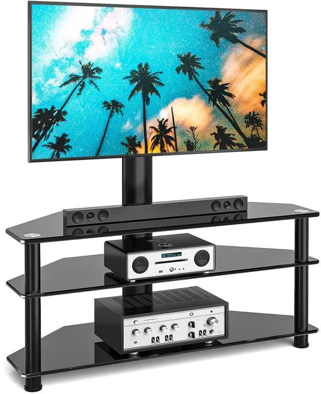 Main image of Corner Swivel Glass TV Stand with Mount for 32-70 Inch Screen TV up to 110lbs, Height Adjustable Corner TV Stand with Mount, Entertainment Center with TV Mount and 3-Tier Storage for AV Media