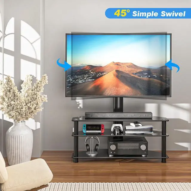 Alt view image 3 of 6 - Corner Swivel Glass TV Stand with Mount for 32-70 Inch Screen TV up to 110lbs, Height Adjustable Corner TV Stand with Mount, Entertainment Center with TV Mount and 3-Tier Storage for AV Media