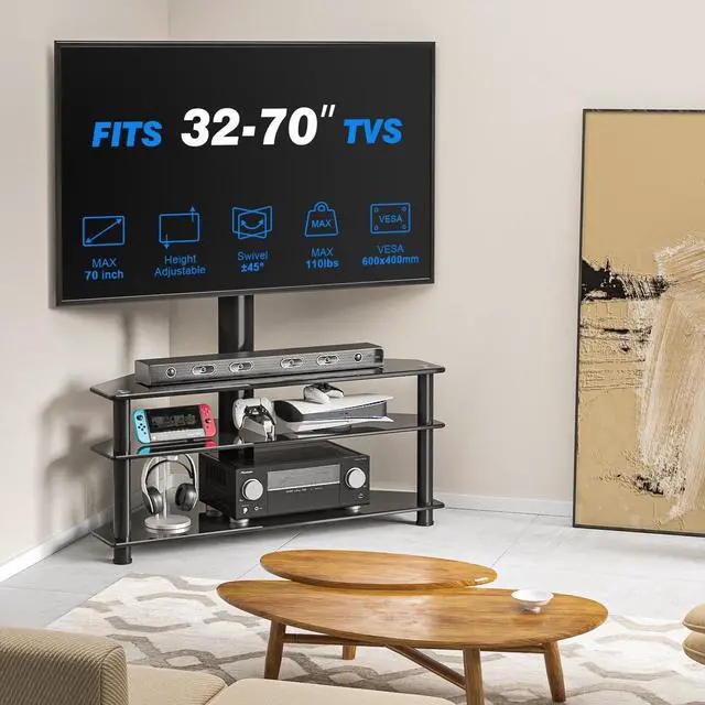 Alt view image 4 of 6 - Corner Swivel Glass TV Stand with Mount for 32-70 Inch Screen TV up to 110lbs, Height Adjustable Corner TV Stand with Mount, Entertainment Center with TV Mount and 3-Tier Storage for AV Media