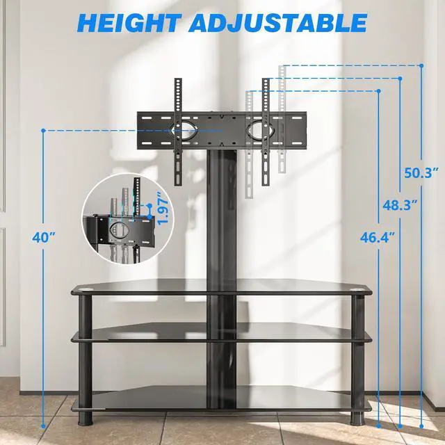 Alt view image 5 of 6 - Corner Swivel Glass TV Stand with Mount for 32-70 Inch Screen TV up to 110lbs, Height Adjustable Corner TV Stand with Mount, Entertainment Center with TV Mount and 3-Tier Storage for AV Media