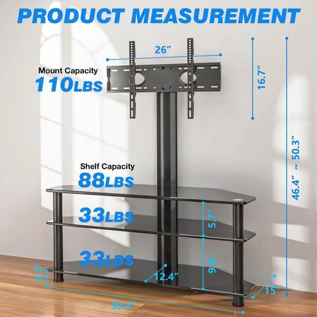 Alt view image 6 of 6 - Corner Swivel Glass TV Stand with Mount for 32-70 Inch Screen TV up to 110lbs, Height Adjustable Corner TV Stand with Mount, Entertainment Center with TV Mount and 3-Tier Storage for AV Media