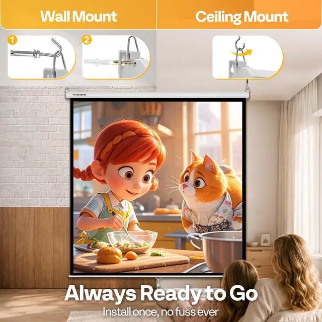 Alt view image 4 of 6 - 120 Inch 1:1 Pull Down Projector Screen, HD 4K Retractable Movie Screen for Indoor Home Theater and Office, Manual Projection Screen with Auto Locking (84Wx84H Inch Display Area), White