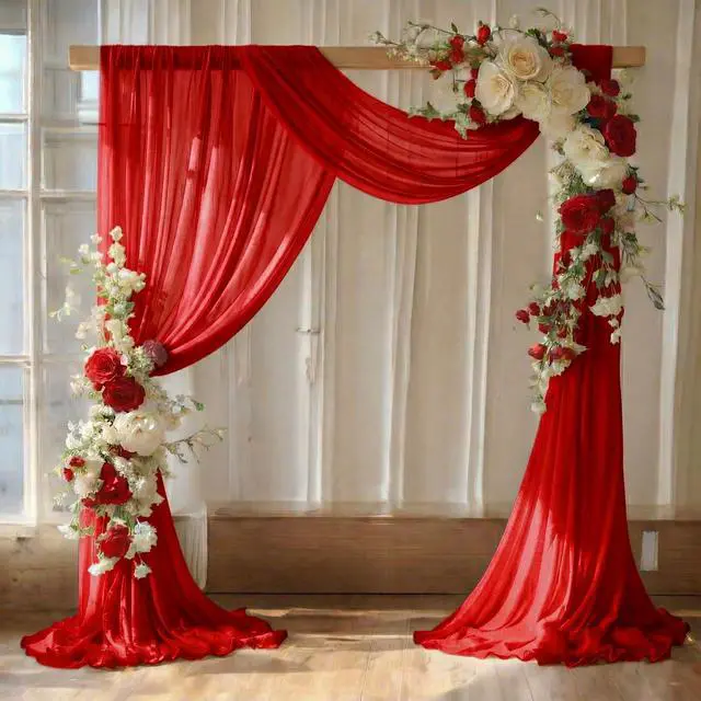 Main image of Pack of 2 Wedding Arch Drape Panel (30" Width x 100ft Long) Sheer Chiffon Arbor Canopy Drapery Fabric for Wedding Ceremony Reception Decoration Party Ceiling Backdrop Curtain Swag - Red