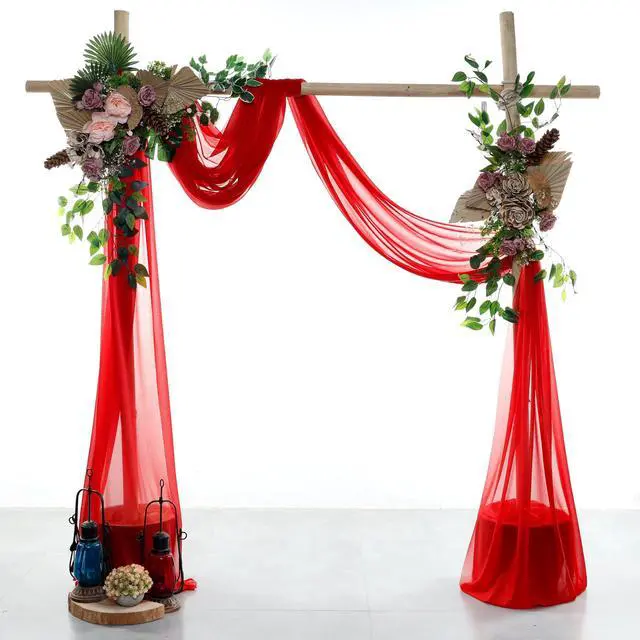 Alt view image 2 of 6 - Pack of 2 Wedding Arch Drape Panel (30" Width x 100ft Long) Sheer Chiffon Arbor Canopy Drapery Fabric for Wedding Ceremony Reception Decoration Party Ceiling Backdrop Curtain Swag - Red