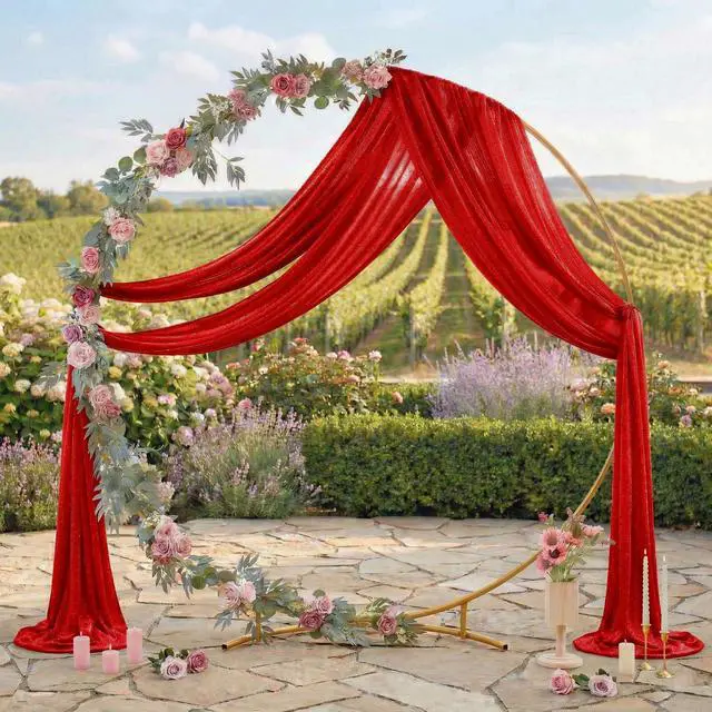 Alt view image 3 of 6 - Pack of 2 Wedding Arch Drape Panel (30" Width x 100ft Long) Sheer Chiffon Arbor Canopy Drapery Fabric for Wedding Ceremony Reception Decoration Party Ceiling Backdrop Curtain Swag - Red
