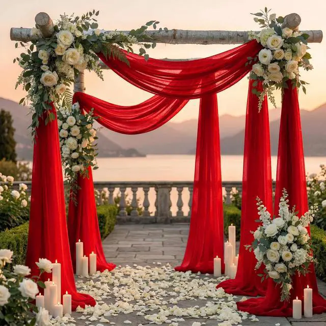 Alt view image 4 of 6 - Pack of 2 Wedding Arch Drape Panel (30" Width x 100ft Long) Sheer Chiffon Arbor Canopy Drapery Fabric for Wedding Ceremony Reception Decoration Party Ceiling Backdrop Curtain Swag - Red