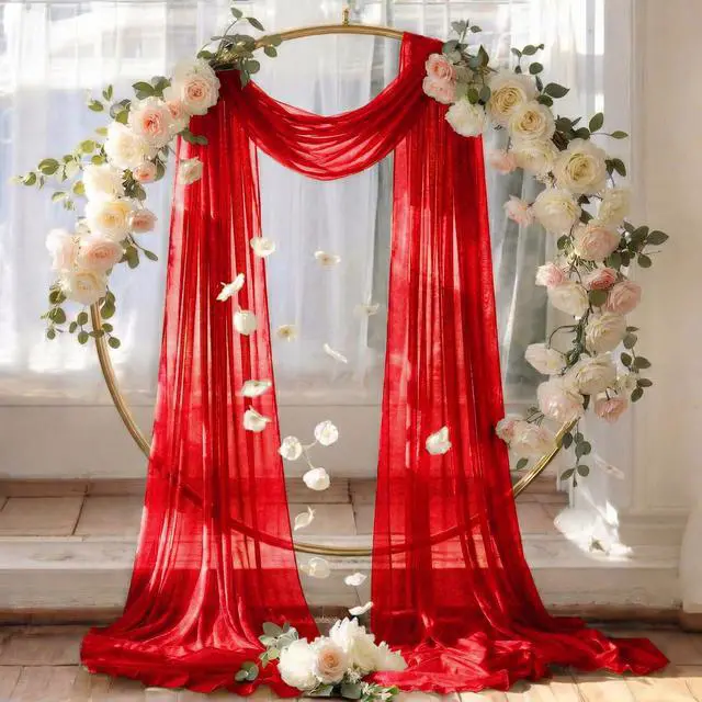Alt view image 6 of 6 - Pack of 2 Wedding Arch Drape Panel (30" Width x 100ft Long) Sheer Chiffon Arbor Canopy Drapery Fabric for Wedding Ceremony Reception Decoration Party Ceiling Backdrop Curtain Swag - Red