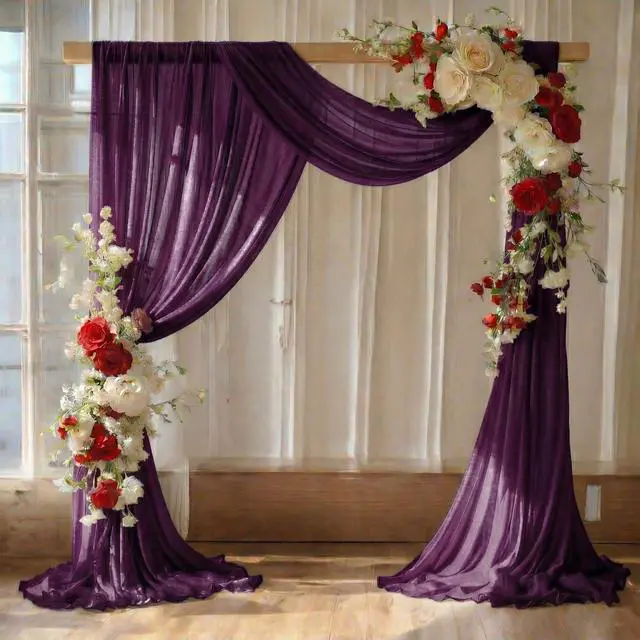 Main image of Pack of 2 Wedding Arch Drape Panel (30" Width x 100ft Long) Sheer Chiffon Arbor Canopy Drapery Fabric for Wedding Ceremony Reception Decoration Party Ceiling Backdrop Curtain Swag - Eggplant