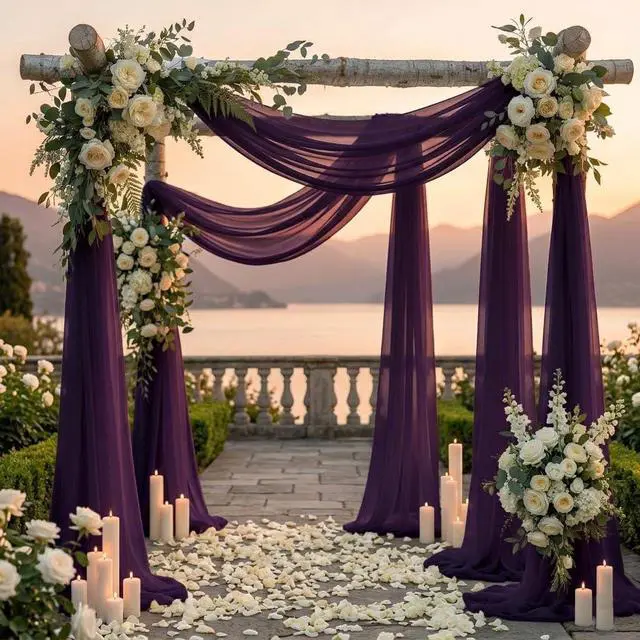Alt view image 4 of 6 - Pack of 2 Wedding Arch Drape Panel (30" Width x 100ft Long) Sheer Chiffon Arbor Canopy Drapery Fabric for Wedding Ceremony Reception Decoration Party Ceiling Backdrop Curtain Swag - Eggplant