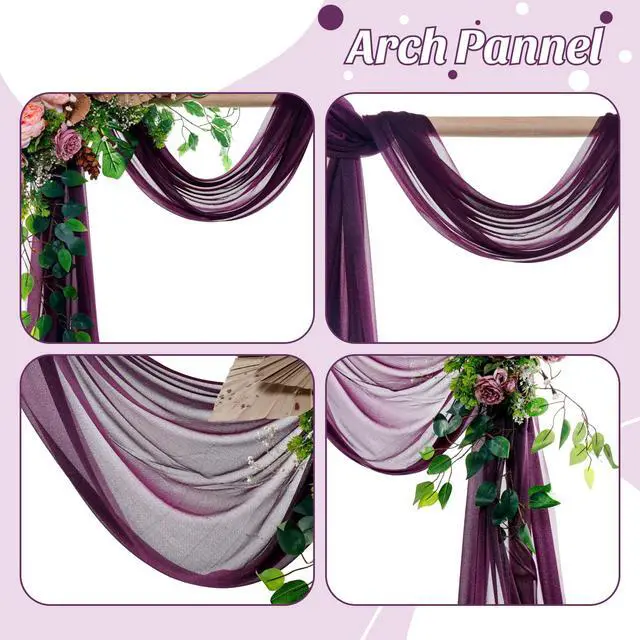 Alt view image 5 of 6 - Pack of 2 Wedding Arch Drape Panel (30" Width x 100ft Long) Sheer Chiffon Arbor Canopy Drapery Fabric for Wedding Ceremony Reception Decoration Party Ceiling Backdrop Curtain Swag - Eggplant