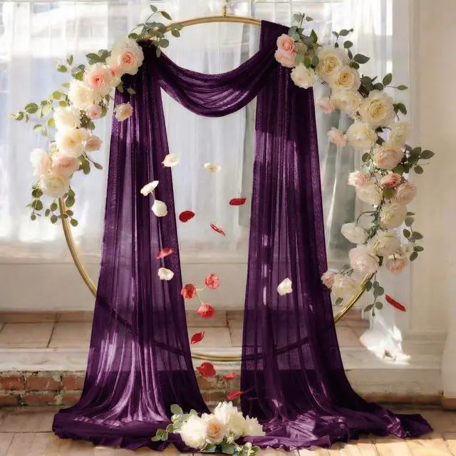 Alt view image 6 of 6 - Pack of 2 Wedding Arch Drape Panel (30" Width x 100ft Long) Sheer Chiffon Arbor Canopy Drapery Fabric for Wedding Ceremony Reception Decoration Party Ceiling Backdrop Curtain Swag - Eggplant