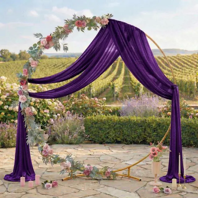 Alt view image 3 of 6 - Pack of 2 Wedding Arch Drape Panel (30" Width x 100ft Long) Sheer Chiffon Arbor Canopy Drapery Fabric for Wedding Ceremony Reception Decoration Party Ceiling Backdrop Curtains - Cadbury Purple