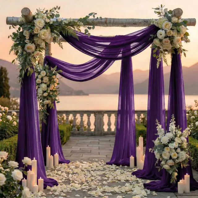 Alt view image 4 of 6 - Pack of 2 Wedding Arch Drape Panel (30" Width x 100ft Long) Sheer Chiffon Arbor Canopy Drapery Fabric for Wedding Ceremony Reception Decoration Party Ceiling Backdrop Curtains - Cadbury Purple