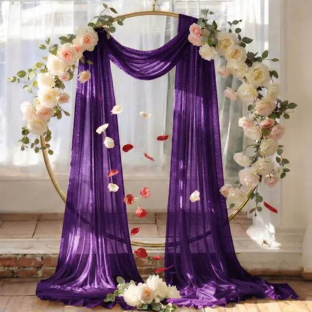 Alt view image 6 of 6 - Pack of 2 Wedding Arch Drape Panel (30" Width x 100ft Long) Sheer Chiffon Arbor Canopy Drapery Fabric for Wedding Ceremony Reception Decoration Party Ceiling Backdrop Curtains - Cadbury Purple