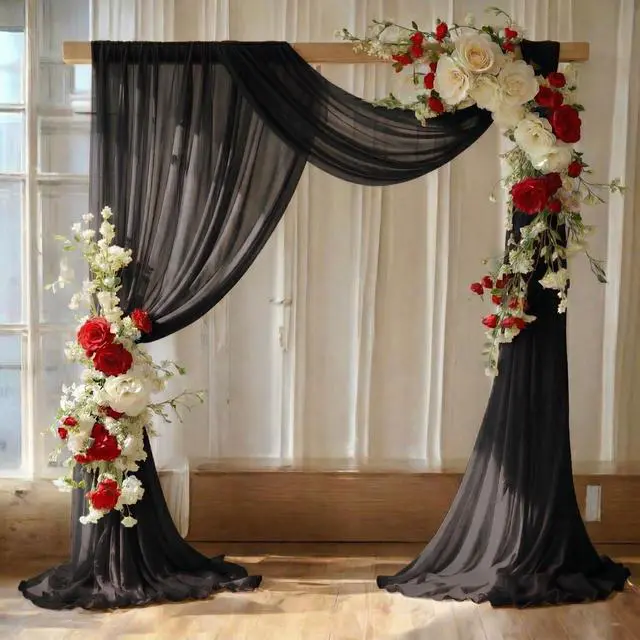 Main image of Pack of 2 Wedding Arch Drape Panel (30" Width x 100ft Long) Sheer Chiffon Arbor Canopy Drapery Fabric for Wedding Ceremony Reception Decoration Party Ceiling Backdrop Curtain Swag - Black