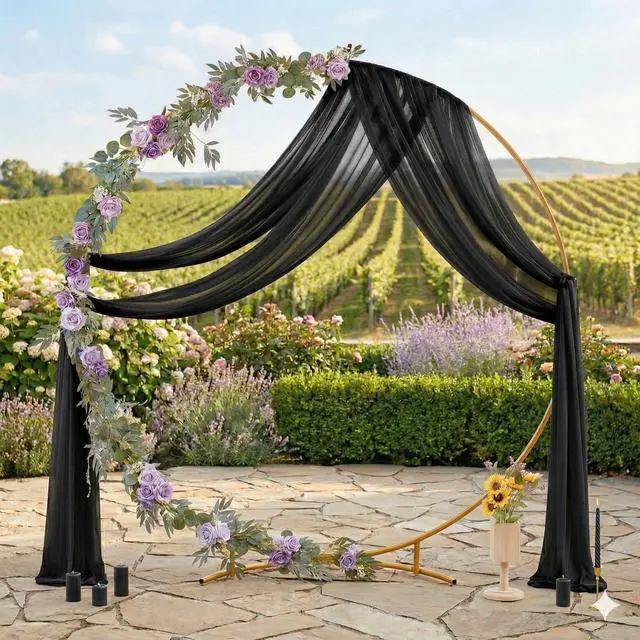 Alt view image 3 of 6 - Pack of 2 Wedding Arch Drape Panel (30" Width x 100ft Long) Sheer Chiffon Arbor Canopy Drapery Fabric for Wedding Ceremony Reception Decoration Party Ceiling Backdrop Curtain Swag - Black