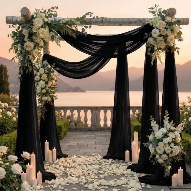 Alt view image 4 of 6 - Pack of 2 Wedding Arch Drape Panel (30" Width x 100ft Long) Sheer Chiffon Arbor Canopy Drapery Fabric for Wedding Ceremony Reception Decoration Party Ceiling Backdrop Curtain Swag - Black