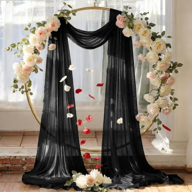 Alt view image 6 of 6 - Pack of 2 Wedding Arch Drape Panel (30" Width x 100ft Long) Sheer Chiffon Arbor Canopy Drapery Fabric for Wedding Ceremony Reception Decoration Party Ceiling Backdrop Curtain Swag - Black