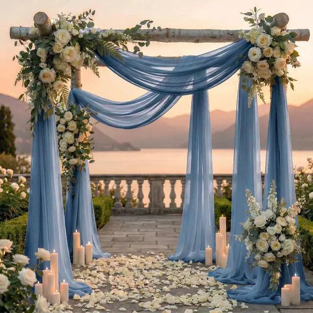 Alt view image 4 of 6 - Pack of 2 Wedding Arch Drape Panel (30" Width x 100ft Long) Sheer Chiffon Arbor Canopy Drapery Fabric for Wedding Ceremony Reception Decoration Party Ceiling Backdrop Curtain Swag - Dusty Blue