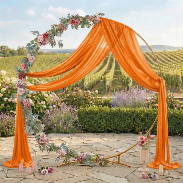 Alt view image 3 of 6 - Pack of 2 Wedding Arch Drape Panel (30" Width x 100ft Long) Sheer Chiffon Arbor Canopy Drapery Fabric for Wedding Ceremony Reception Decoration Party Ceiling Backdrop Curtain Swag - Orange