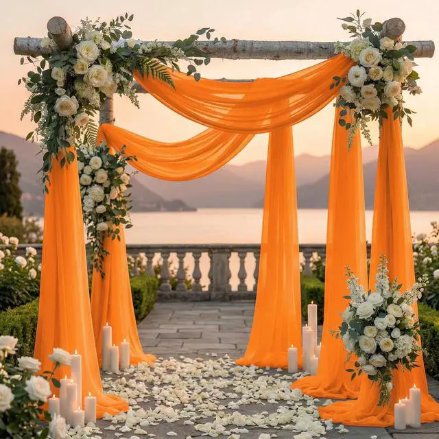 Alt view image 4 of 6 - Pack of 2 Wedding Arch Drape Panel (30" Width x 100ft Long) Sheer Chiffon Arbor Canopy Drapery Fabric for Wedding Ceremony Reception Decoration Party Ceiling Backdrop Curtain Swag - Orange