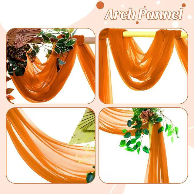 Alt view image 5 of 6 - Pack of 2 Wedding Arch Drape Panel (30" Width x 100ft Long) Sheer Chiffon Arbor Canopy Drapery Fabric for Wedding Ceremony Reception Decoration Party Ceiling Backdrop Curtain Swag - Orange