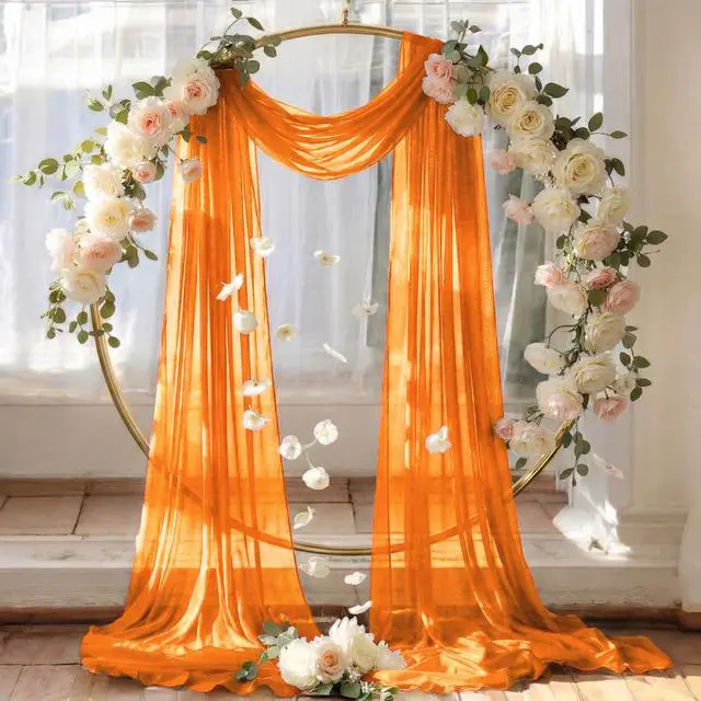 Alt view image 6 of 6 - Pack of 2 Wedding Arch Drape Panel (30" Width x 100ft Long) Sheer Chiffon Arbor Canopy Drapery Fabric for Wedding Ceremony Reception Decoration Party Ceiling Backdrop Curtain Swag - Orange