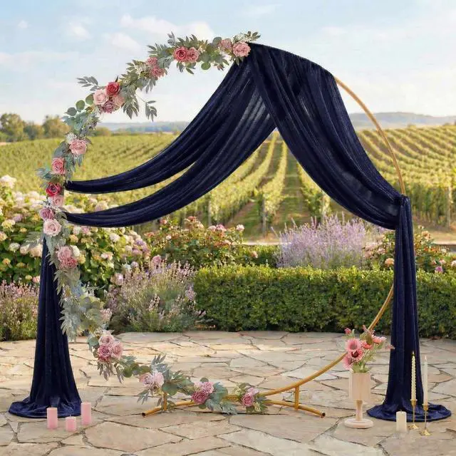 Alt view image 3 of 6 - Pack of 2 Wedding Arch Drape Panel (30" Width x 100ft Long) Sheer Chiffon Arbor Canopy Drapery Fabric for Wedding Ceremony Reception Decoration Party Ceiling Backdrop Curtain Swag - Navy Blue