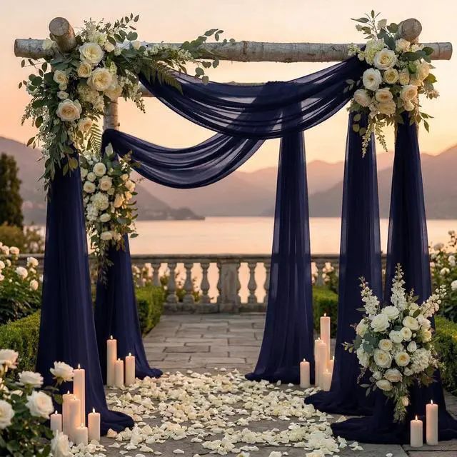 Alt view image 4 of 6 - Pack of 2 Wedding Arch Drape Panel (30" Width x 100ft Long) Sheer Chiffon Arbor Canopy Drapery Fabric for Wedding Ceremony Reception Decoration Party Ceiling Backdrop Curtain Swag - Navy Blue