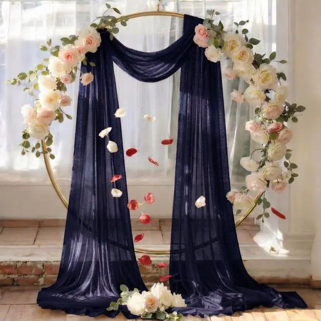 Alt view image 6 of 6 - Pack of 2 Wedding Arch Drape Panel (30" Width x 100ft Long) Sheer Chiffon Arbor Canopy Drapery Fabric for Wedding Ceremony Reception Decoration Party Ceiling Backdrop Curtain Swag - Navy Blue