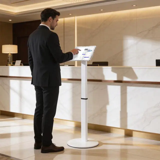 Alt view image 3 of 6 - Anti-Theft Universal Tablet Floor Stand Kiosk, Locking Enclosure for iPad, Galaxy Tab & Surface Pro 9.7"13.1", Height Adjustable 27.5"47", Commercial Kiosk Stand, White