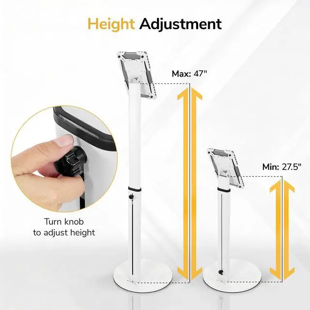 Alt view image 4 of 6 - Anti-Theft Universal Tablet Floor Stand Kiosk, Locking Enclosure for iPad, Galaxy Tab & Surface Pro 9.7"13.1", Height Adjustable 27.5"47", Commercial Kiosk Stand, White