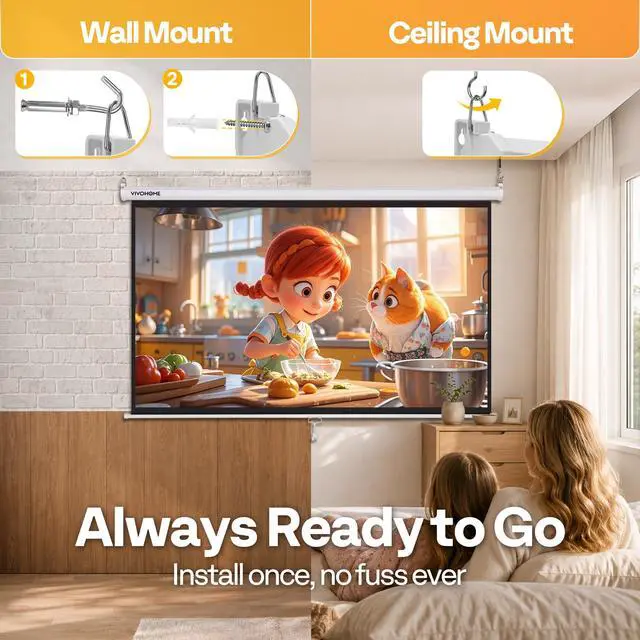 Alt view image 4 of 6 - 100 Inch 16:9 Pull Down Projector Screen, HD 4K Retractable Movie Screen for Indoor Home Theater and Office, Manual Projection Screen with Auto Locking (87W x 49H Inch Display Area), White