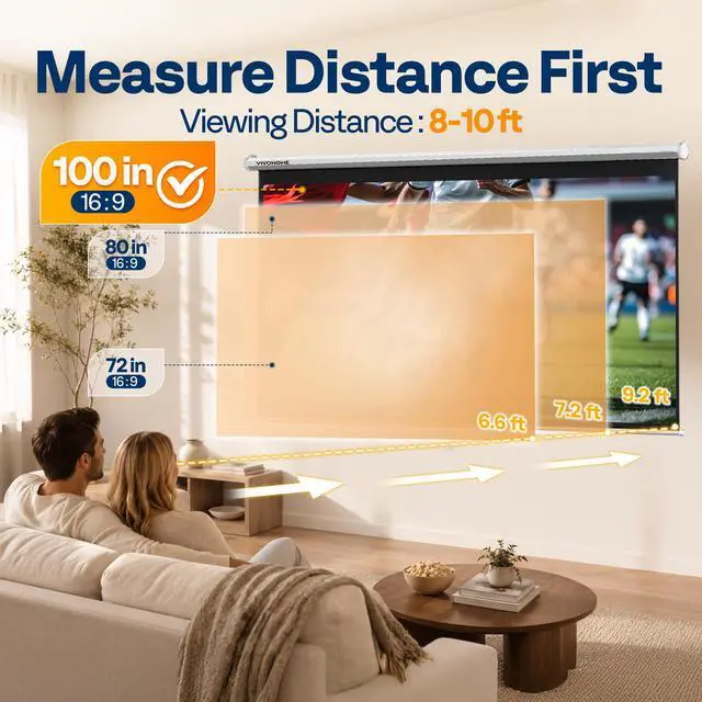 Alt view image 5 of 6 - 100 Inch 16:9 Pull Down Projector Screen, HD 4K Retractable Movie Screen for Indoor Home Theater and Office, Manual Projection Screen with Auto Locking (87W x 49H Inch Display Area), White