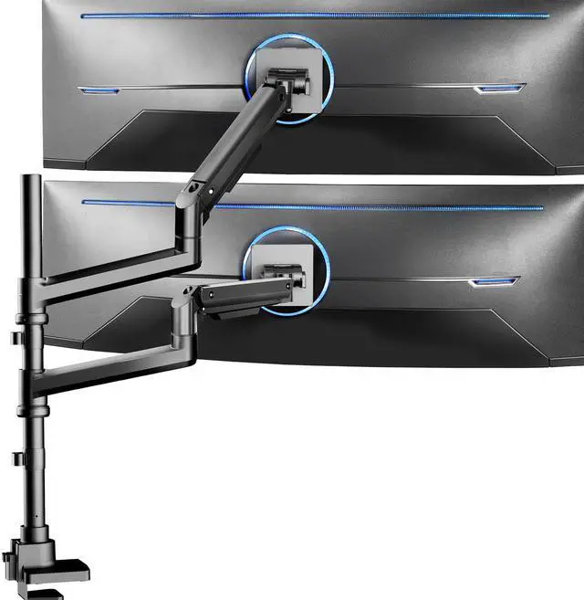 Main image of Pneumatic Arm Dual Ultrawide Monitor Extra Tall Desk Mount for Up to 49 inch Screens, Heavy Duty Clamp, Holds 2 Ultra Wides Up to 44 lbs, Black, STAND-V120K